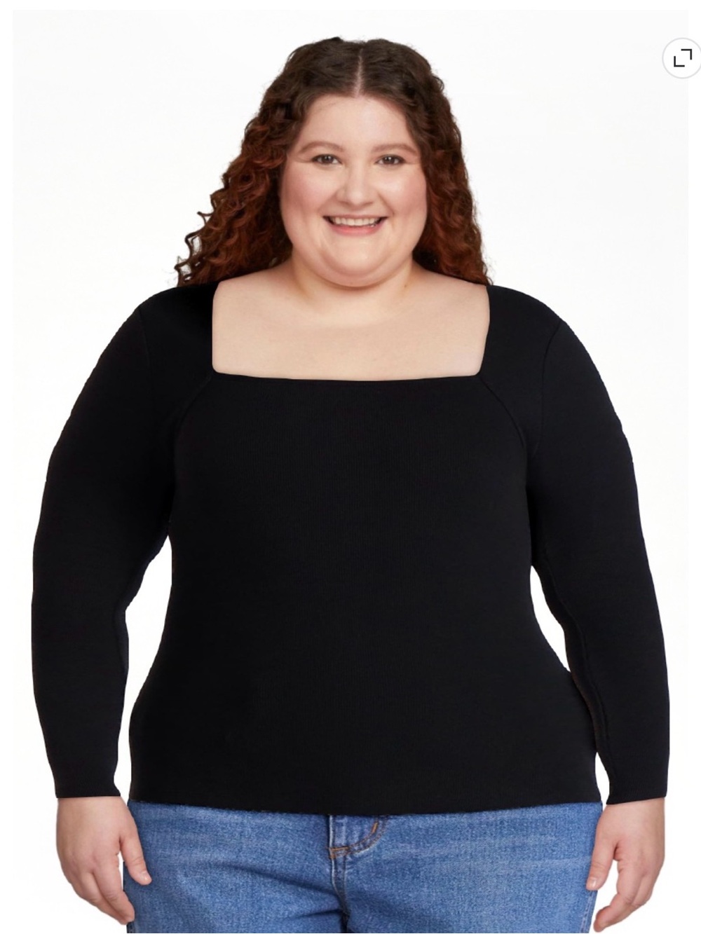 Time and Tru Black Square-Neck Ribbed Long Sleeve Top
